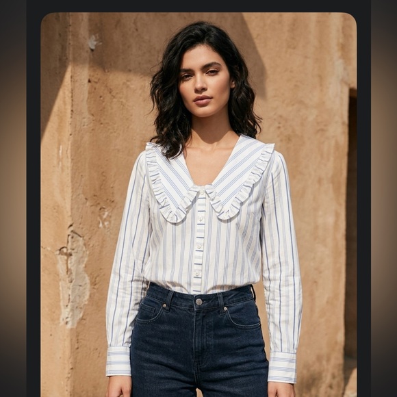 Anthropologie Tops - Anthropologie Maeve White & Blue Striped Ruffle-Collar Button-Down Blouse